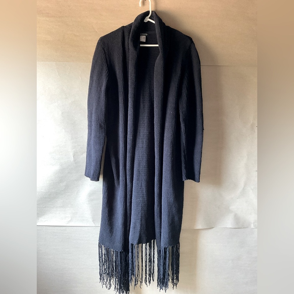 VENUS Black Long Cardigan or Duster with Fringe. Size M.